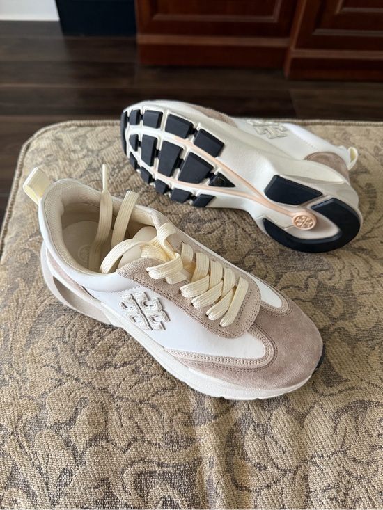 Tory Burch Shoes - Tory Burch Beige and Cream Suede-Trim Sneakers